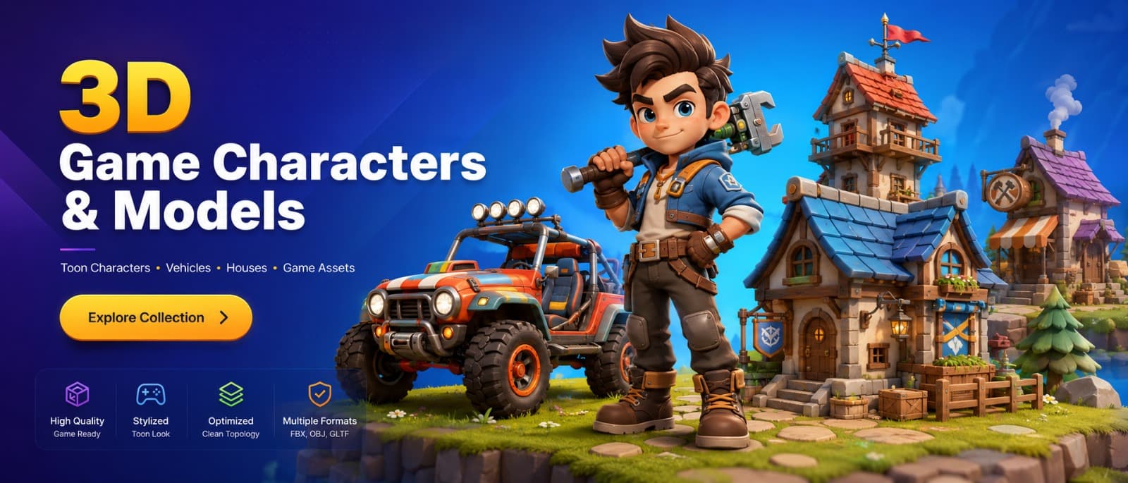 Premium stylized 3D game characters, vehicles and houses